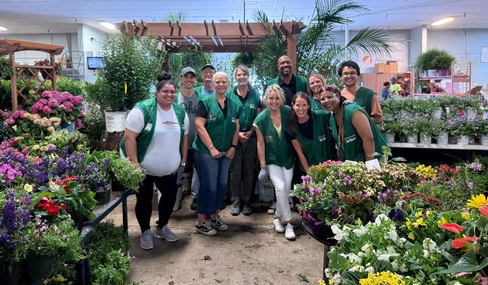 AHT staff volunteers in green vests at a community plant nursery
